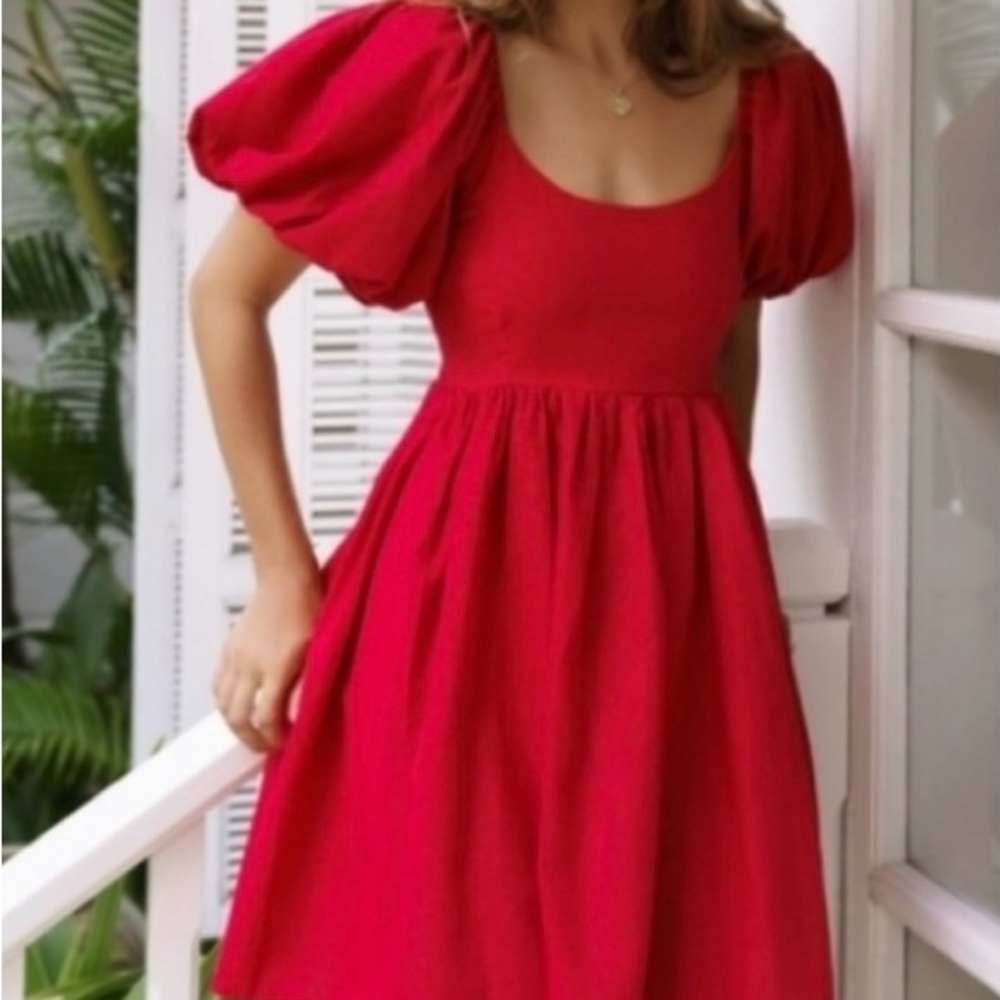 ELF Bali Vibrant Red Mini Dress with Puff Sleeves